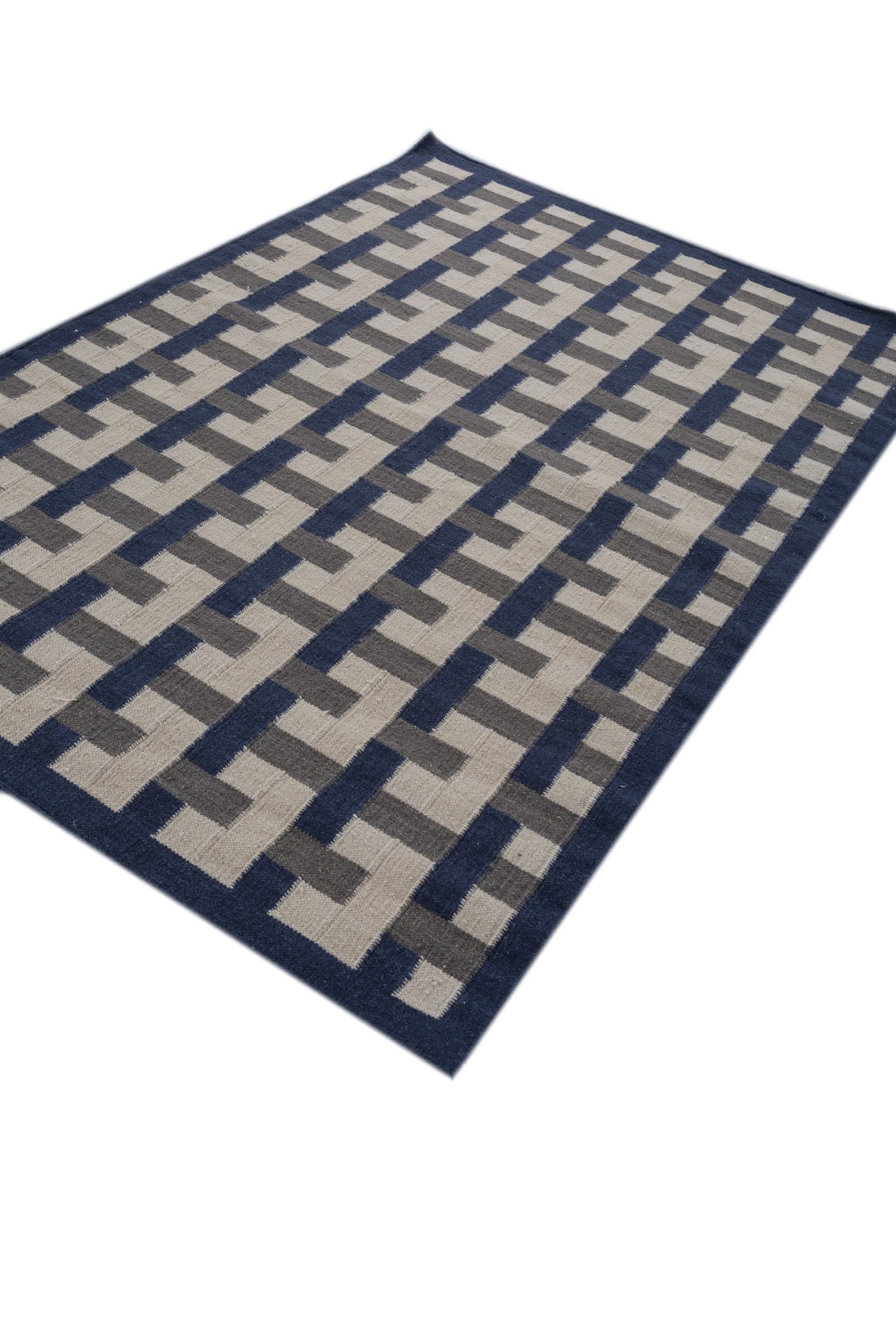 Jaipur Rugs Soft Geomatric 6X9 Feet Rug| Medieval Blue & Liquorice Hand Knotted Dhurrie Carpet For Living Room