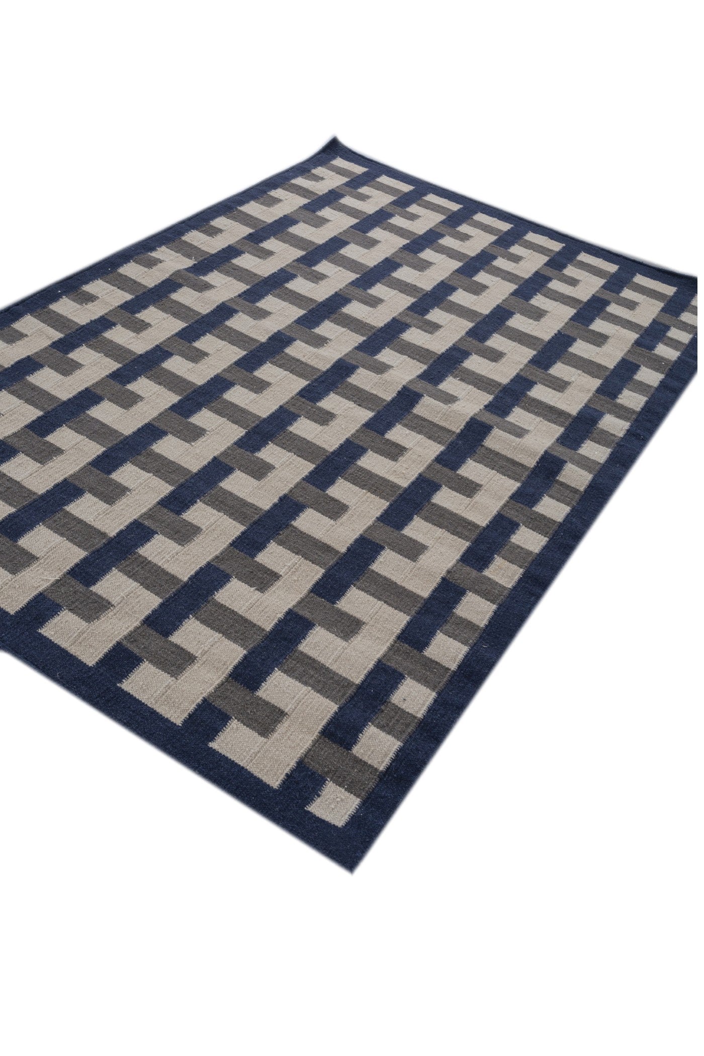 Jaipur Rugs Soft Geomatric 8X10 Feet Rug| Medieval Blue & Liquorice Hand Knotted Dhurrie Carpet For Living Room