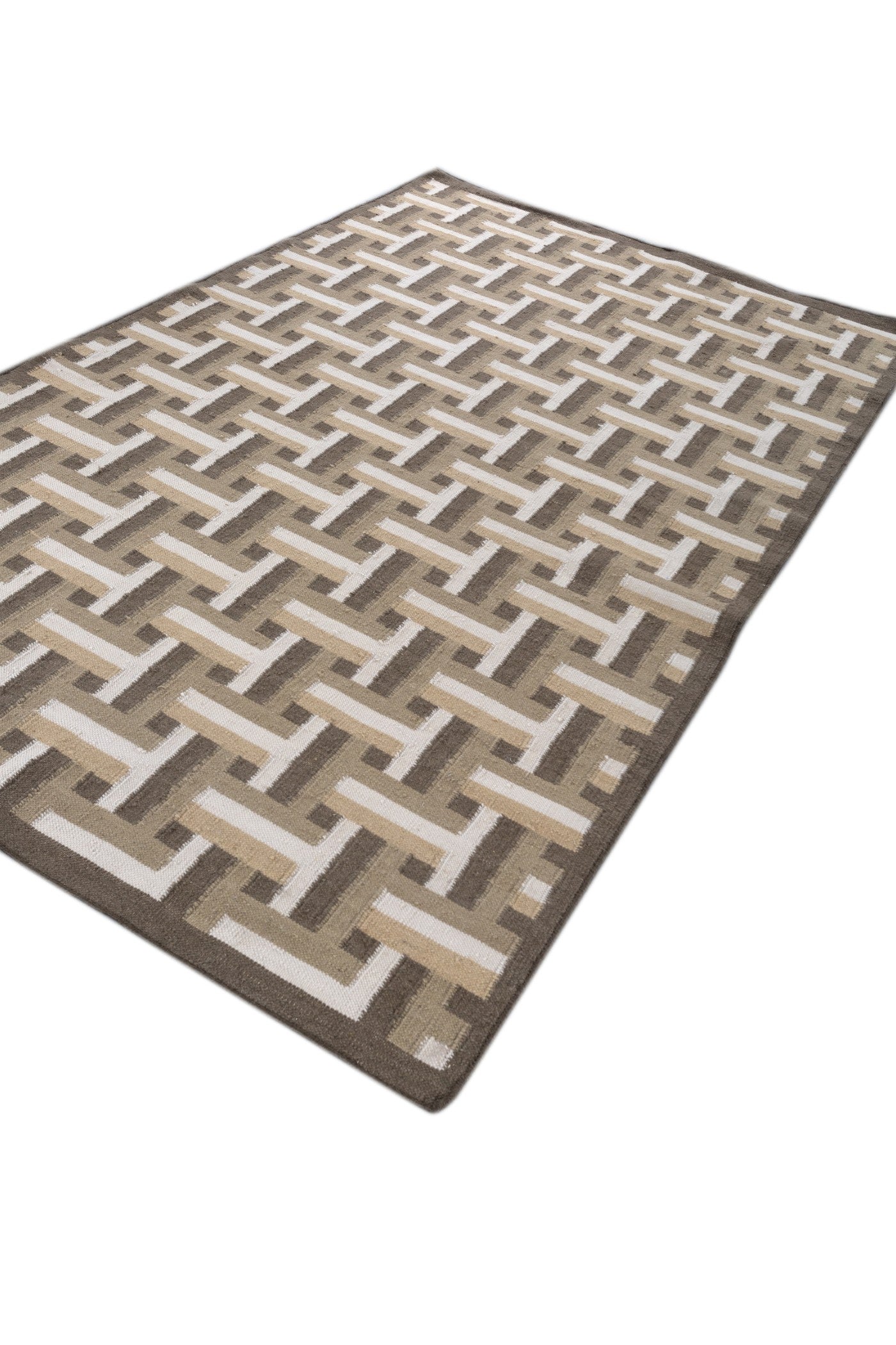 Jaipur Rugs Soft Basket Weave Geomatric 5X8 Feet Rug| Mushroom & White Hand Knotted Dhurrie Carpet For Living Room