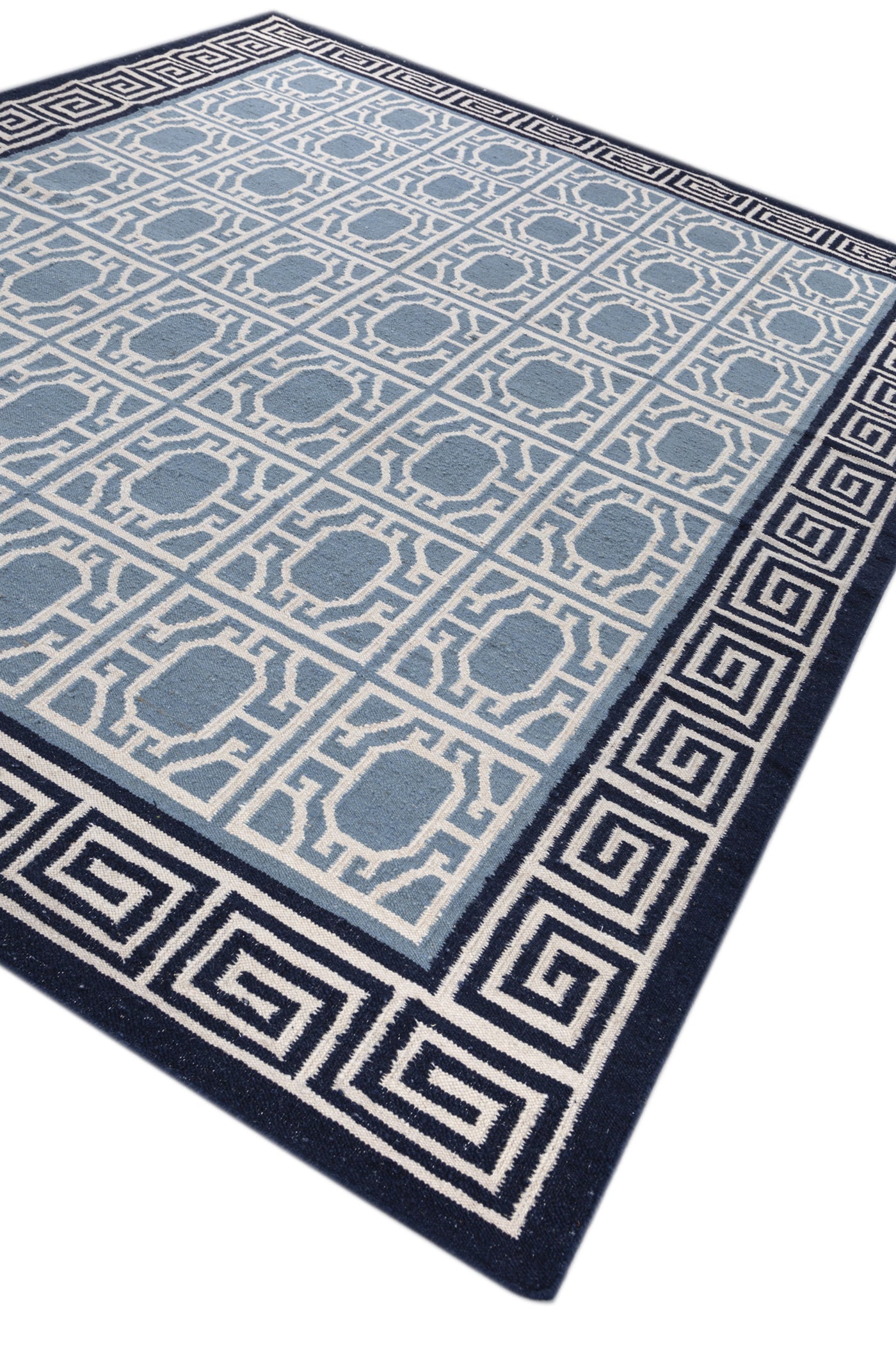Jaipur Rugs Soft Geomatric With Greek Key Border 8X10 Feet Rug| White & Silver Lake Blue Hand Knotted Dhurrie Carpet For Living Room