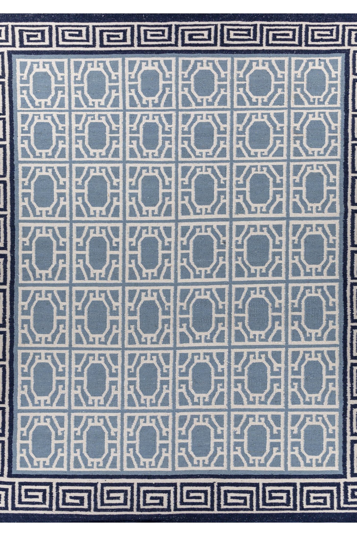 Jaipur Rugs Soft Geomatric With Greek Key Border 8X10 Feet Rug| White & Silver Lake Blue Hand Knotted Dhurrie Carpet For Living Room