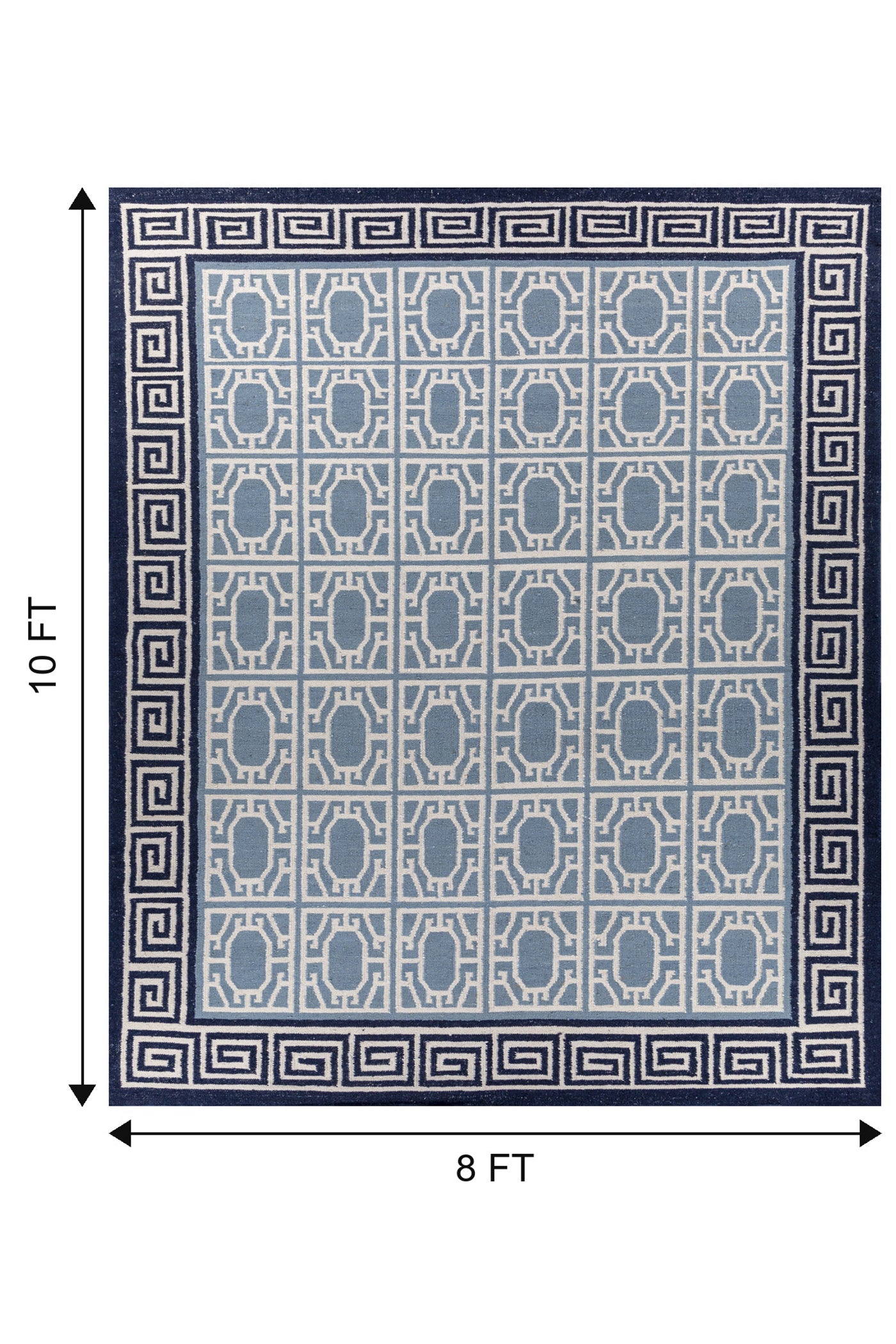 Jaipur Rugs Soft Geomatric With Greek Key Border 8X10 Feet Rug| White & Silver Lake Blue Hand Knotted Dhurrie Carpet For Living Room