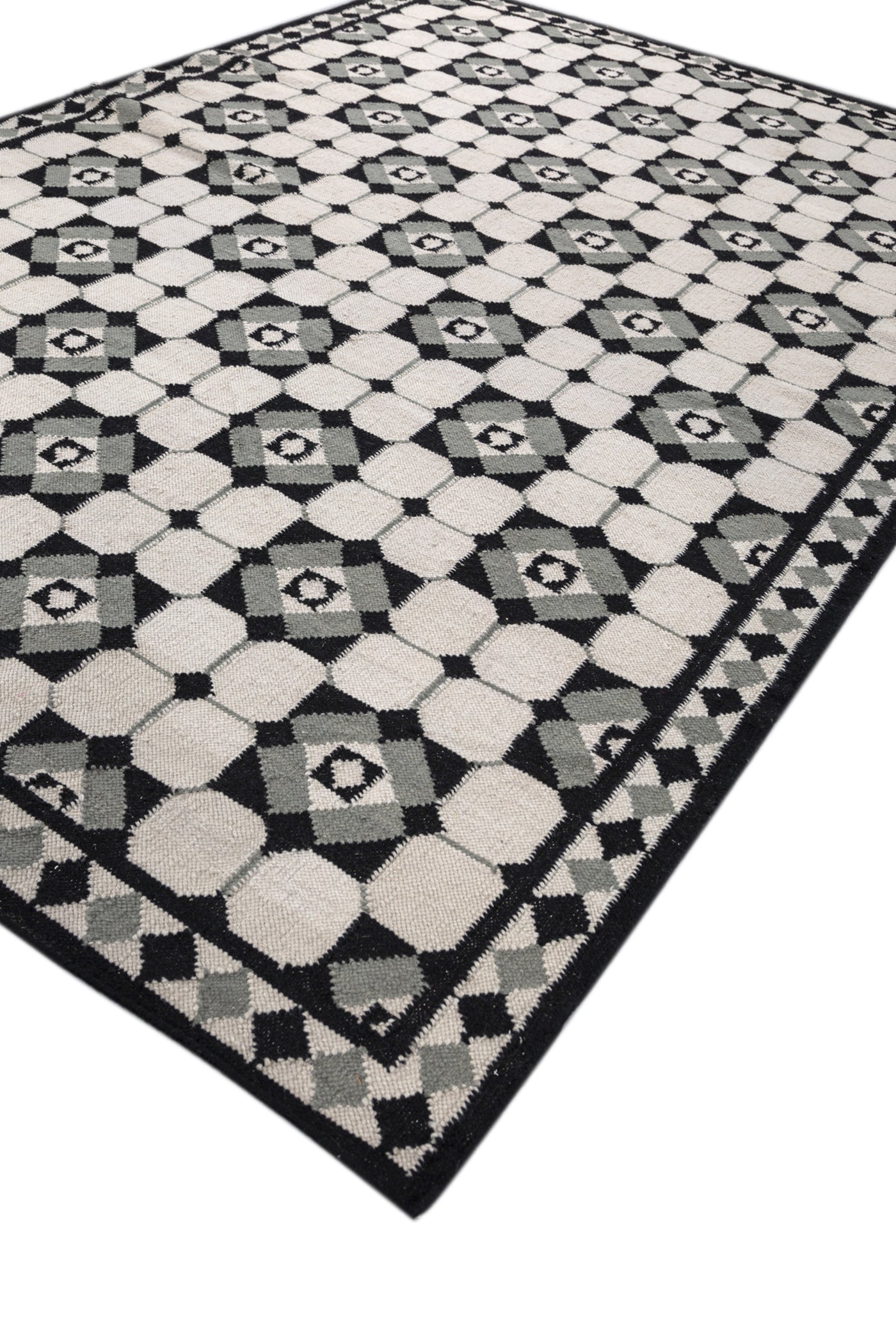Jaipur Rugs Soft Geomatric 6X9 Feet Rug| Dark Ivory & Ebony Hand Knotted Dhurrie Carpet For Living Room