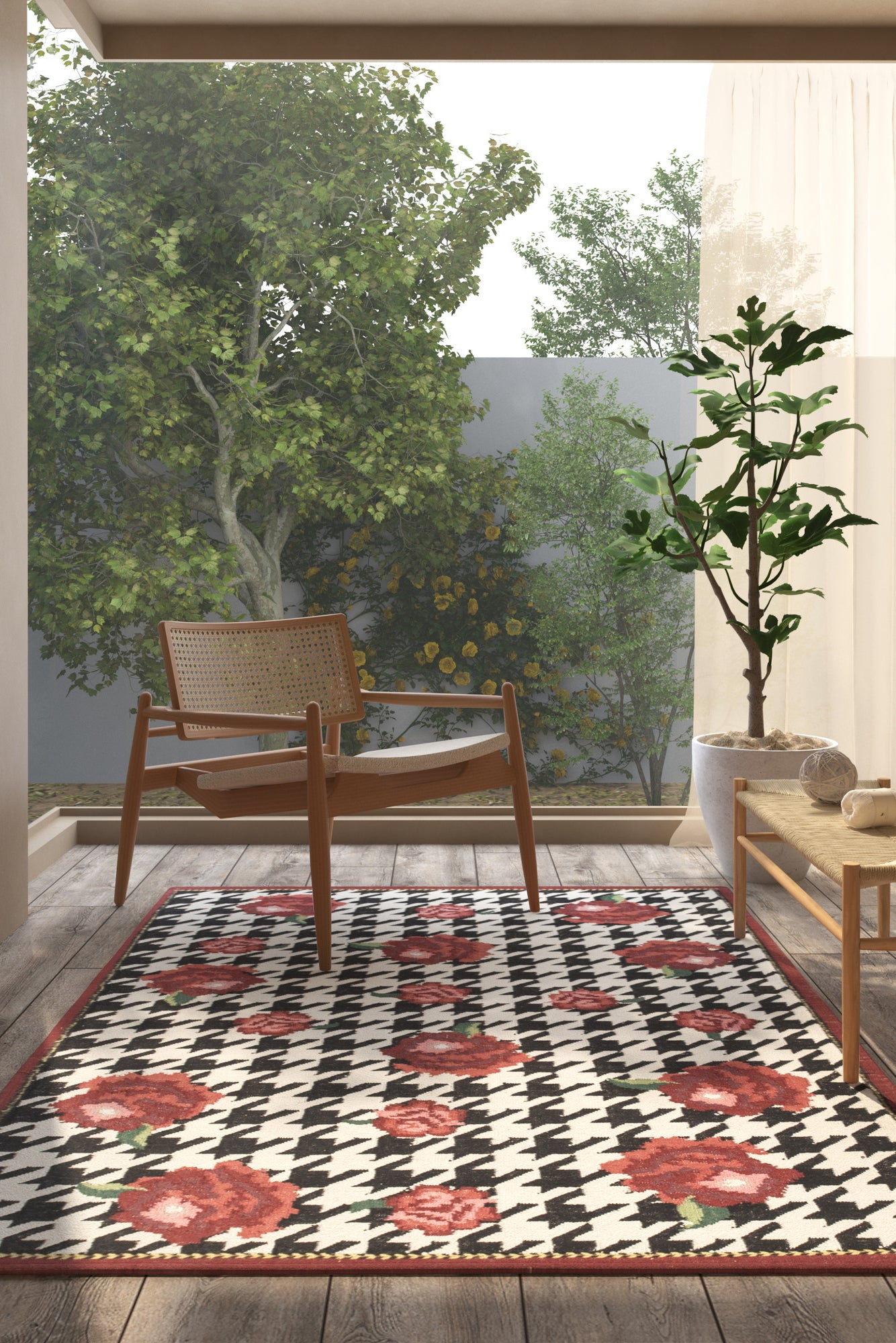 Jaipur Rugs Soft Houndstooth Floral 6X9 Feet Rug| White & Ebony Hand Knotted Dhurrie Carpet For Living Room