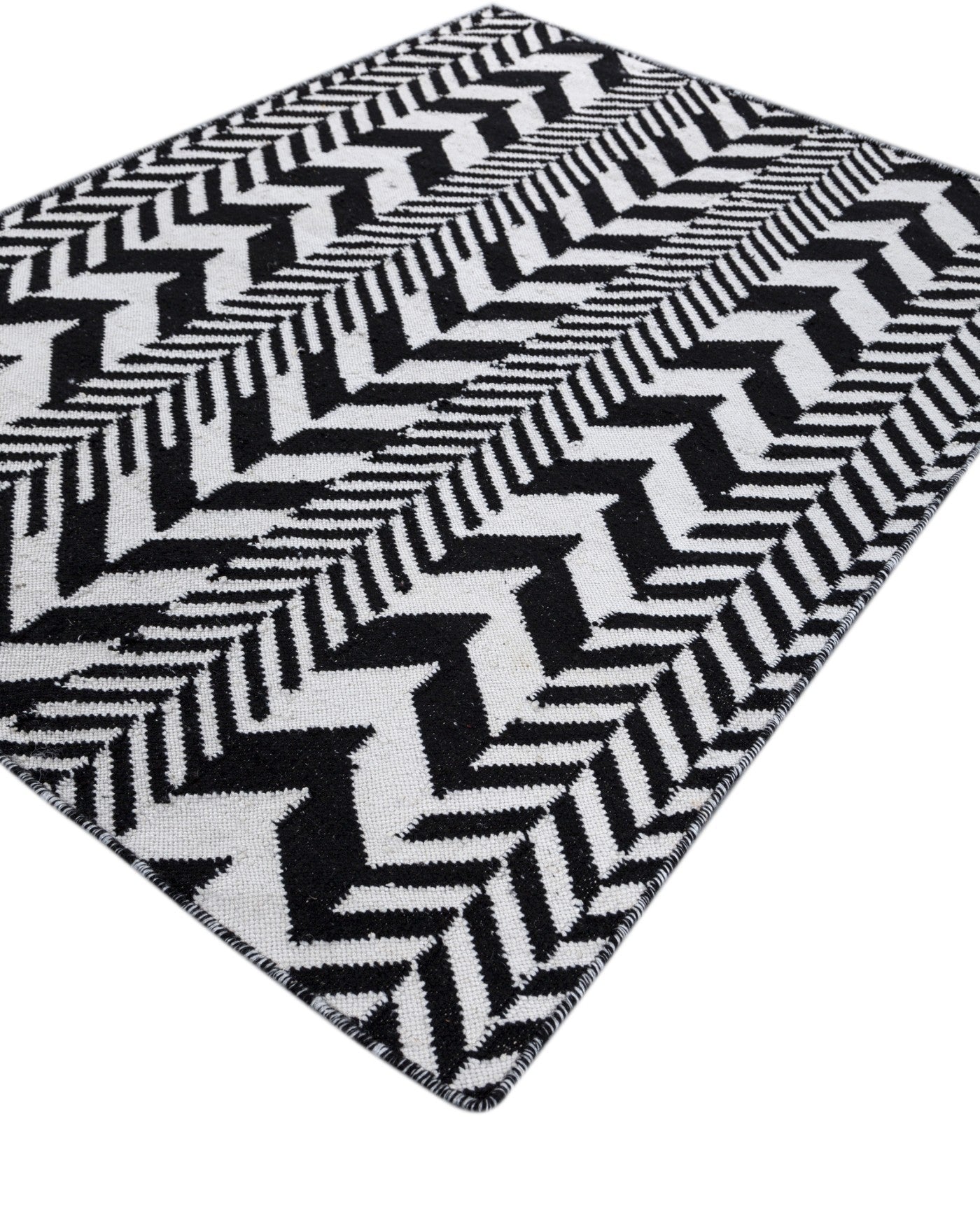 Jaipur Rugs Soft Interlocking Chevron 4X6 Feet Rug| Ebony & Undyed White Hand Knotted Dhurrie Carpet For Living Room