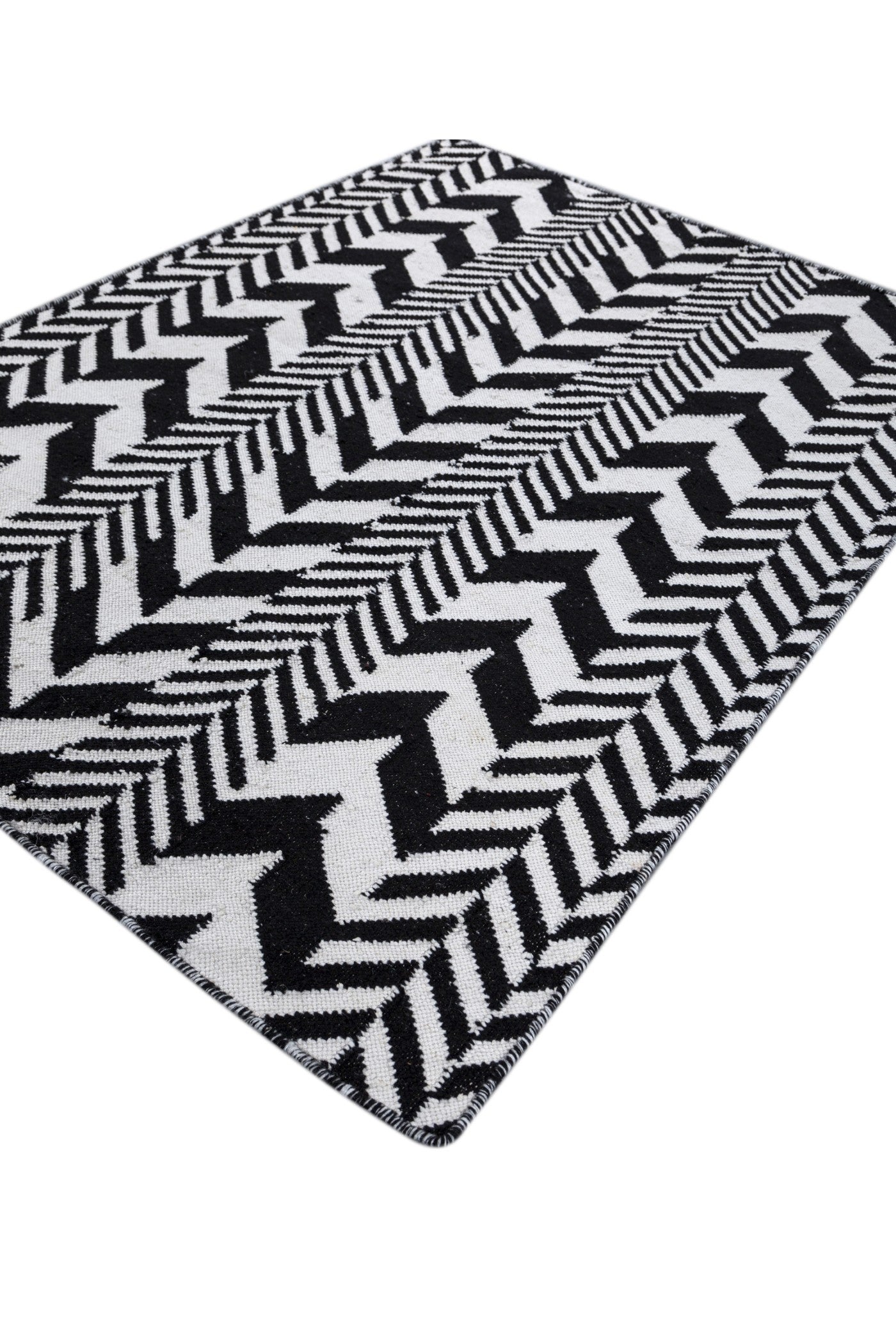Jaipur Rugs Soft Interlocking Chevron 5X8 Feet Rug| Ebony & Undyed White Hand Knotted Dhurrie Carpet For Living Room