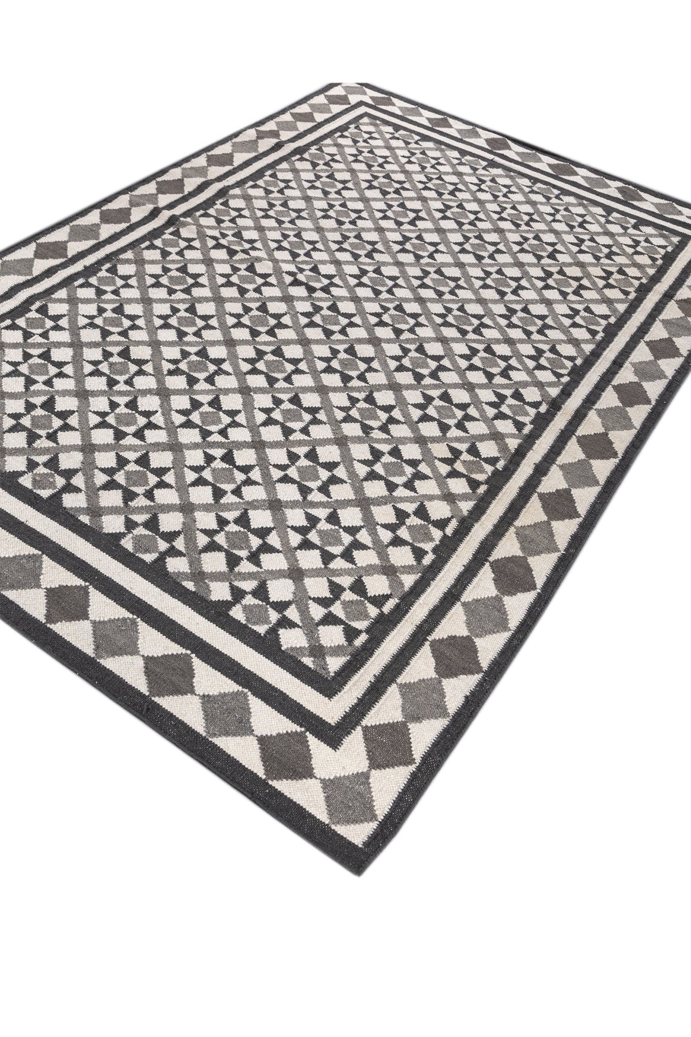 Jaipur Rugs Soft Trellis 5X8 Feet Rug| White & Black Olive Hand Knotted Dhurrie Carpet For Living Room