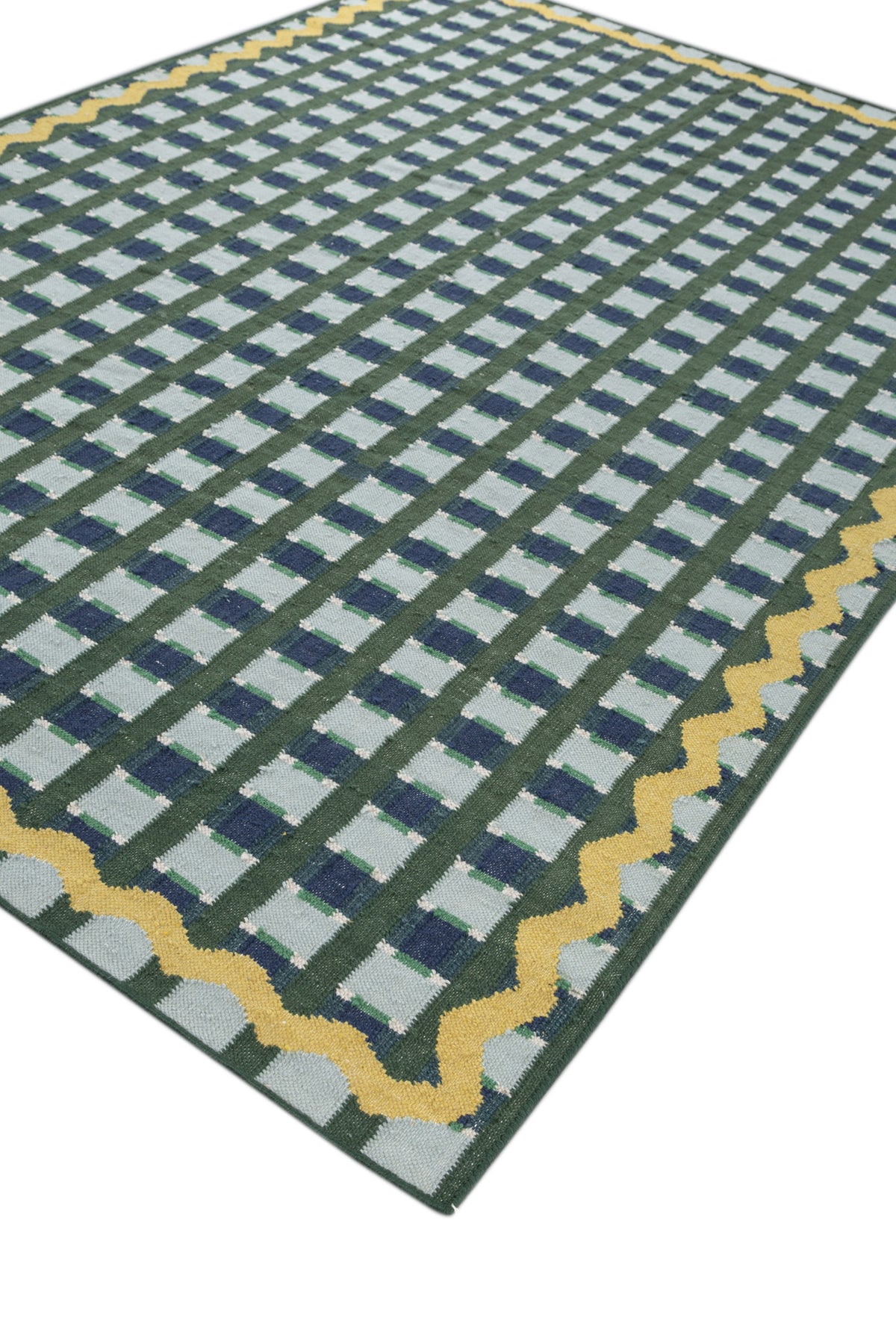 Jaipur Rugs Soft Checkered Damier 6X9 Feet Rug| Pine Needle & Angel Blue Hand Knotted Dhurrie Carpet For Living Room